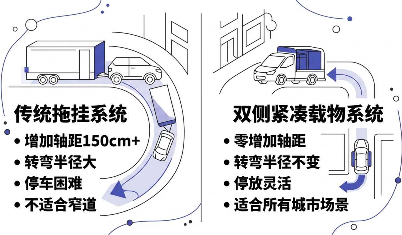 传统拖挂系统与双侧紧凑载物系统对比