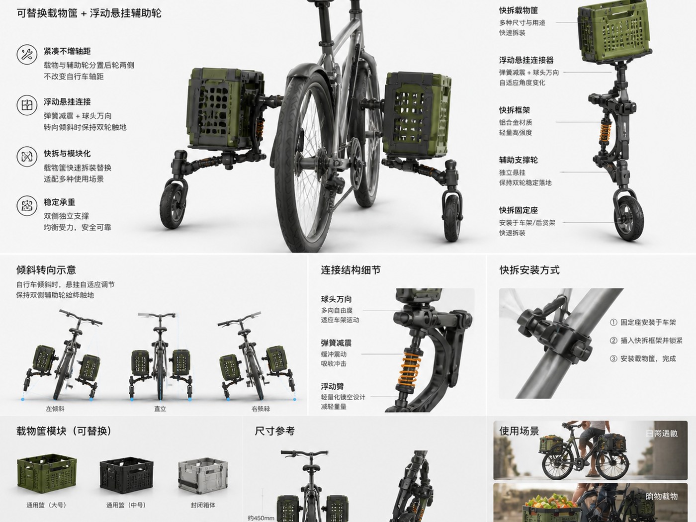 双侧紧凑型自行车载物系统结构总览